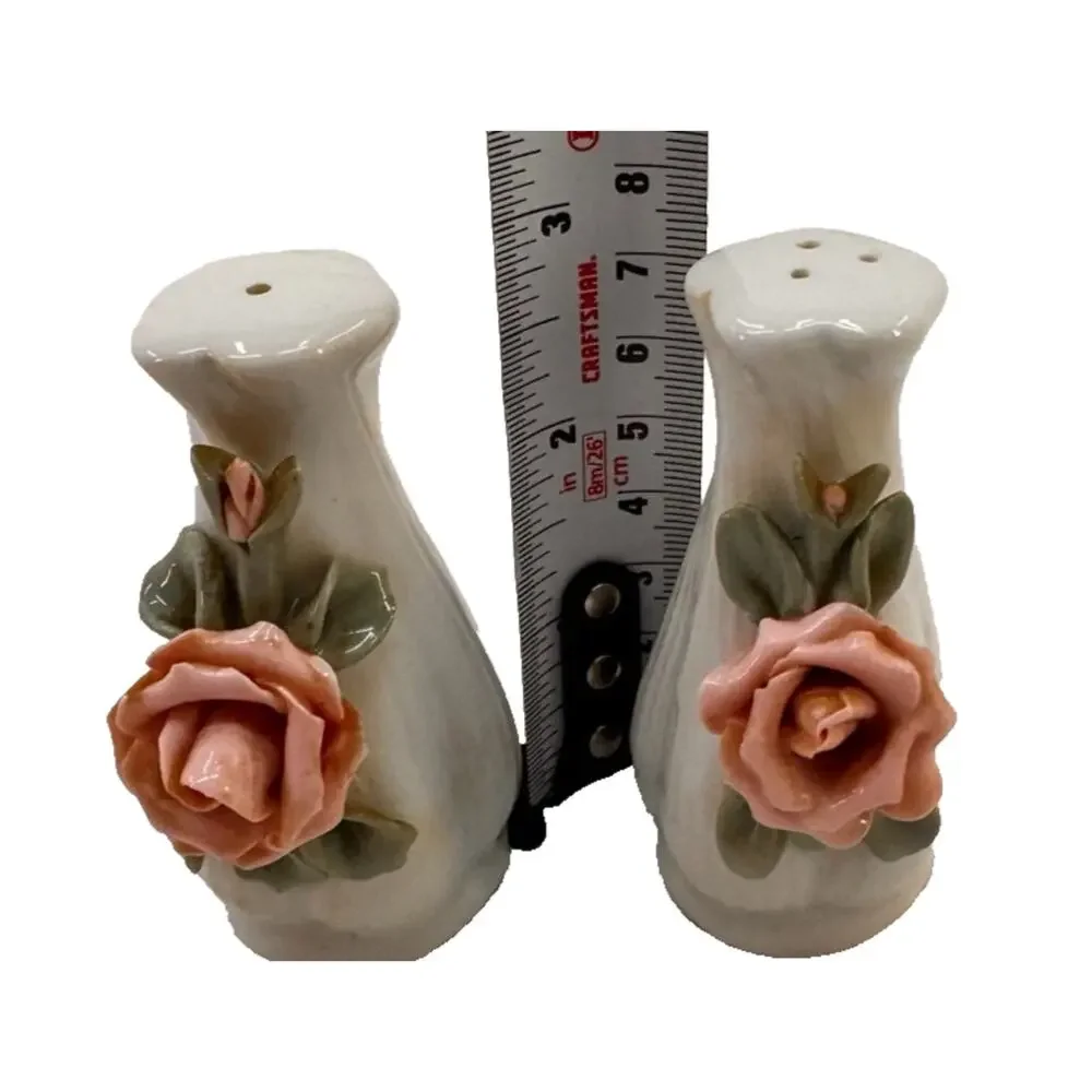 Vintage Pink Rose Salt Pepper Shakers Ceramic Floral Cottagecore Shabby Chic